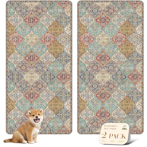 Image of nunubaby Washable Pee Pads for Dogs, Stylish, Non-Slip and Leak-Proof Pee Pads. Reusable Potty Pads for Dogs for Crates and Floors.(Cream /Multi, 36 inch x72 inch )