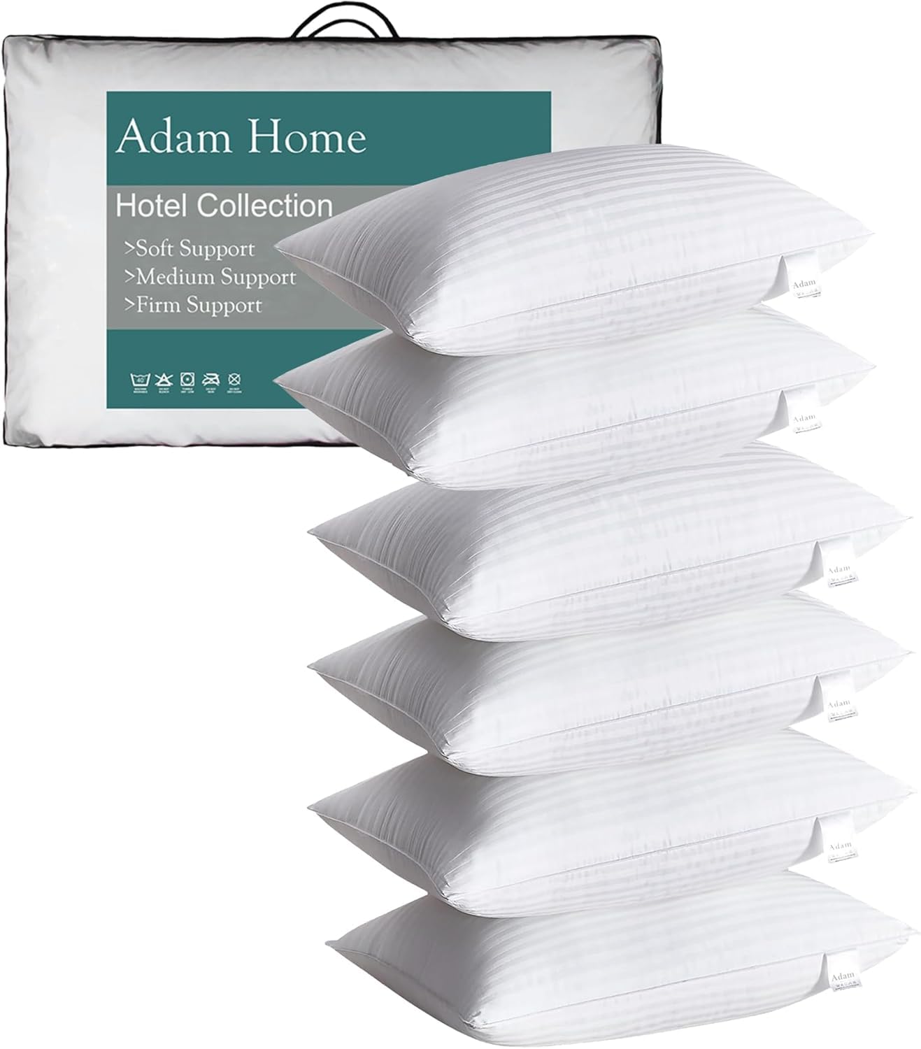 Adamlinens White Adam Home Pillows 6 Pack Hotel Quality Side Sleeper Bounce Back Bed Pillow Quick Rebound & Dust Proof Resistant Premium Filled Hotel Pillows Pack Of 6