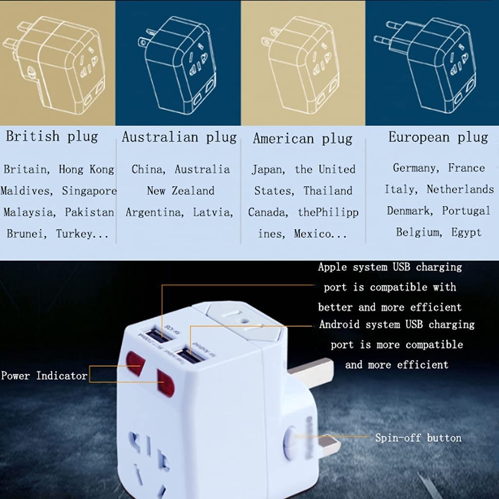 Adaptador de Viaje Universal con 2 Puertos USB Adaptador de Corriente Internacional ultracompacto con conexión a Tierra Segura para teléfonos móviles y portátiles