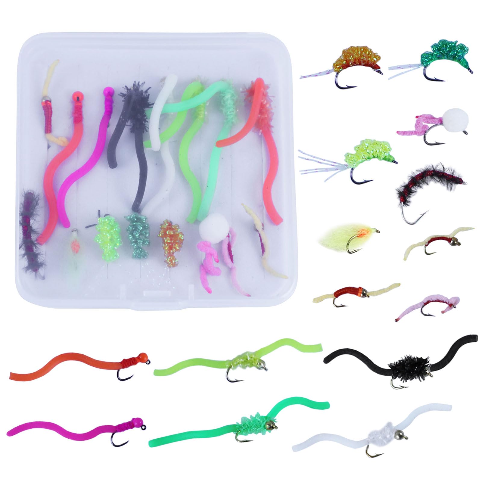 16Pcs Fly Fishing Wet Flies Nymphs, Squirmy Wormy, Streamers, Egg Fly Flies, Bunny Muddler Flies for Trout Salmon with Fly Box
