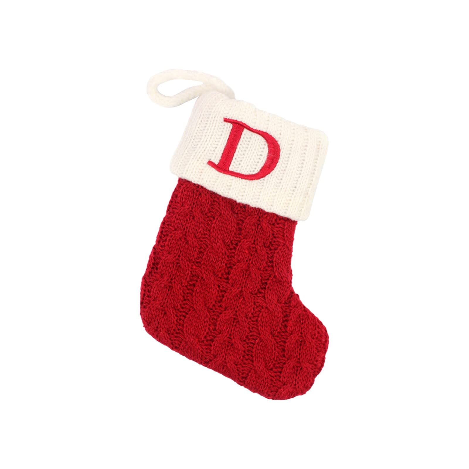 Calze natalizie 2023 con iniziali, grandi lettere ricamate, rosse e bianche, per decorazioni per le vacanze in famiglia e albero di Natale in vetro per camino (D, taglia unica