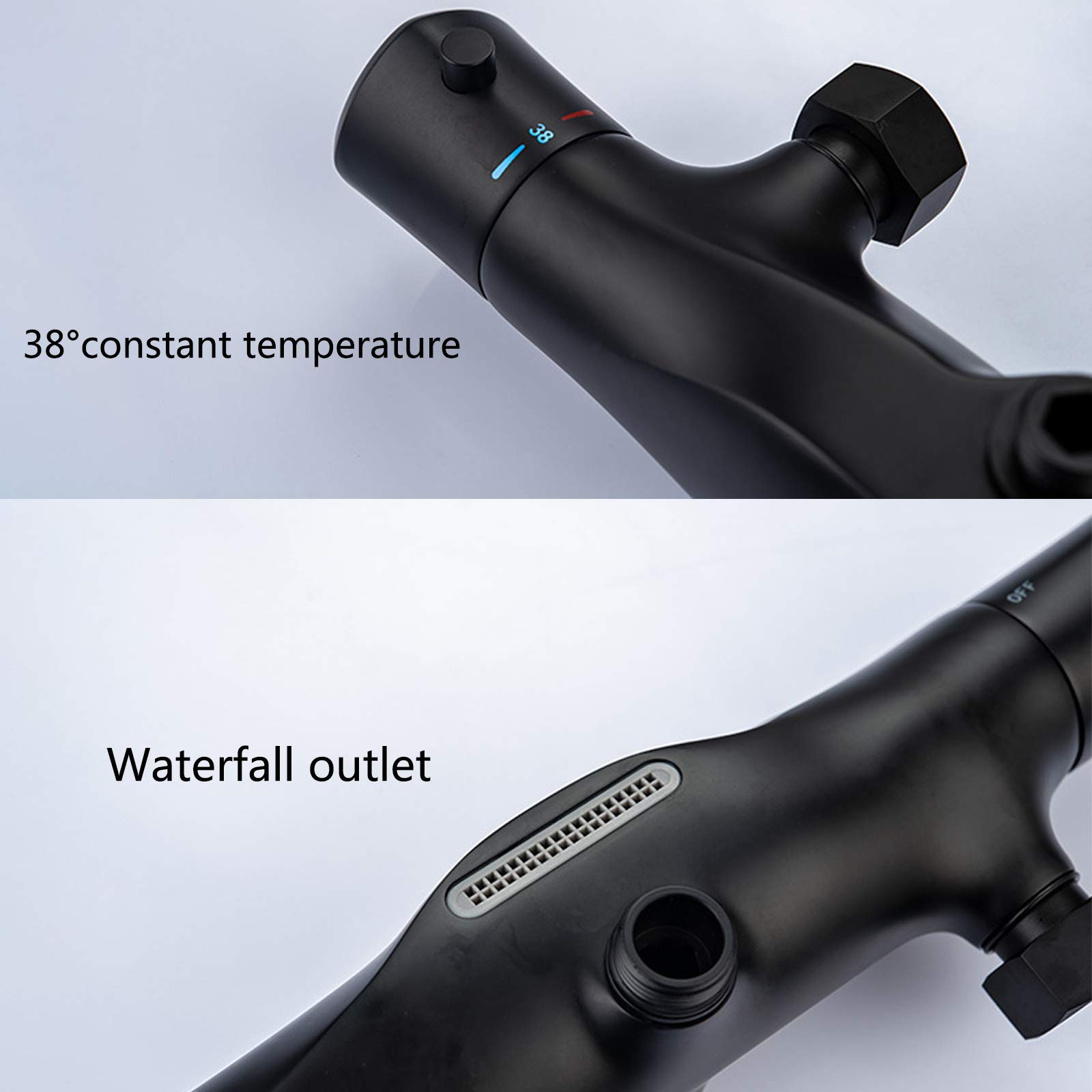 Sistema Doccia a Pioggia, Set Rubinetto termostatico Nero, Miscelatore Combinato in Ottone a Parete con Testa Rettangolare, doccetta a 2 modalità, Waterf