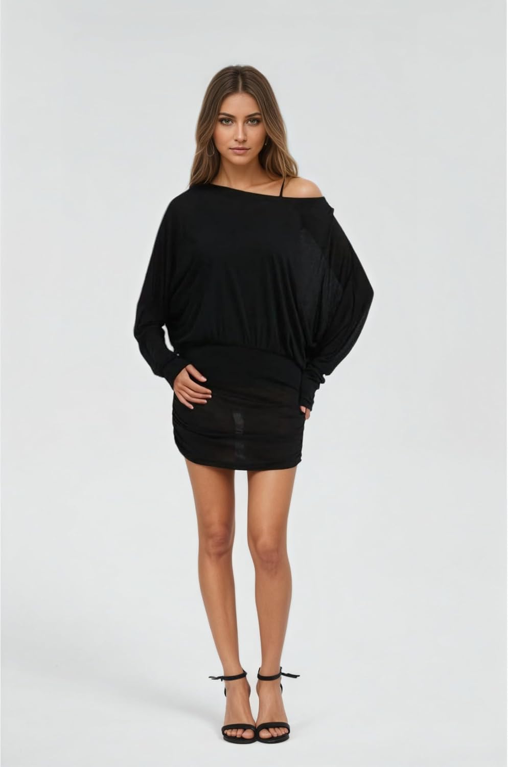 Off Shoulder Dress Batwing Sleeves Dresses for Women Long Sleeve Oversized Sexy Ruched Bodycon Cocktail Dress - Image 3