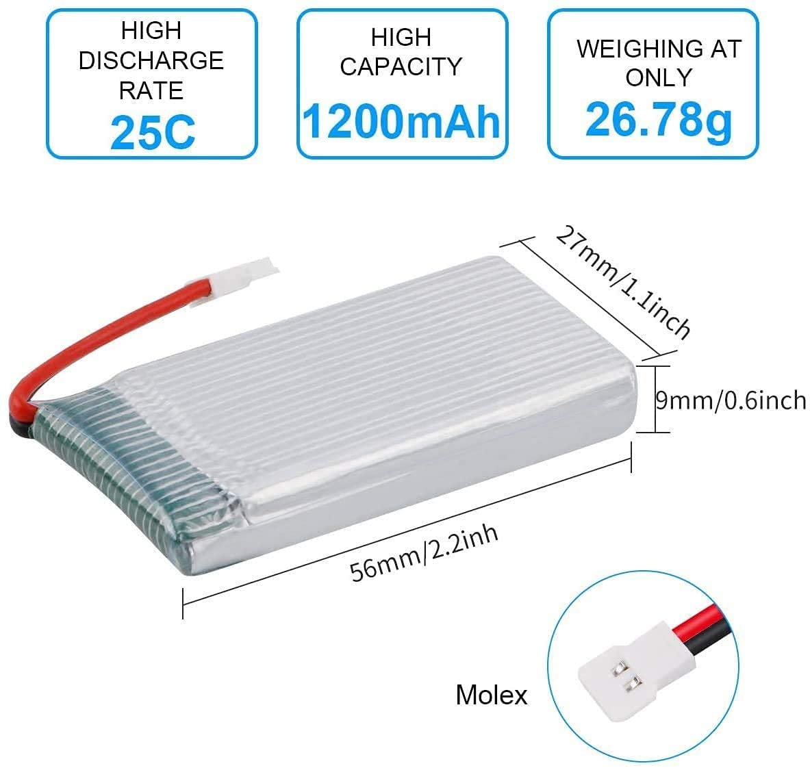 YUNIQUE GREEN-CLEAN-POWER - Ensemble de 3 Batteries LiPo 3.7V 1200mAh pour Drones RC | Compatible avec Syma X5SC X5SW, WLtoys K989 | Durée de Vol 15 Min | Légères et Puissantes, Argent