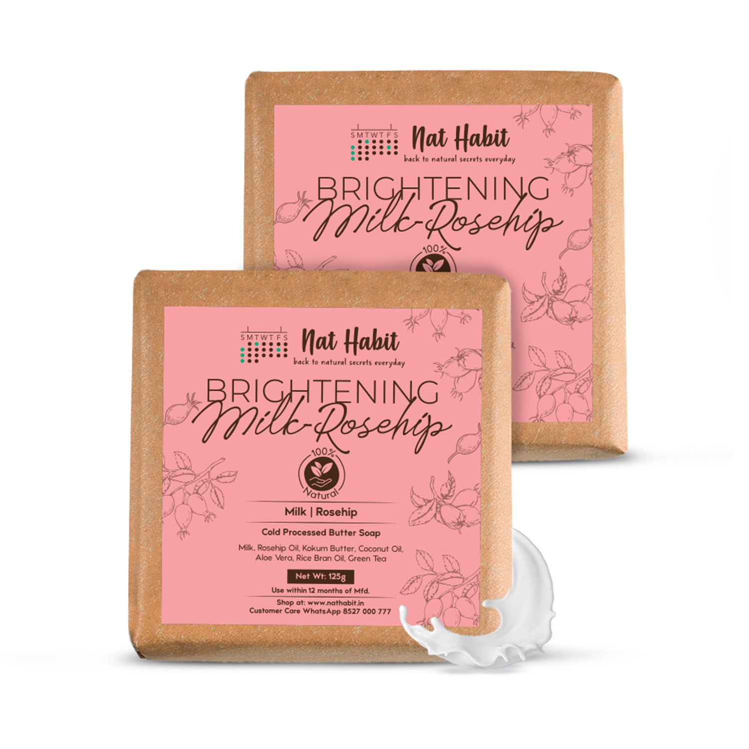 Nat Habit Milk Rosehip Bath Soap with Lactic Acid, Kokum Butter|Cold Processed Ayurvedic Soap for Skin Brightening, Anti-Aging & Anti-Acne|Moisturizing Milk Soap with Gentle Exfoliation | 125g x 2