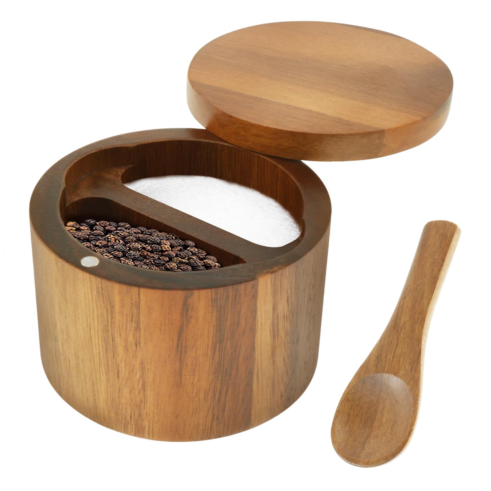 JEJUWE Acacia Wood Salt Pig with Lid and Built-in Spoon, 2 Compartment Salt Cellar for Kitchen, Magnetic Swivel Salt Box for Herb Sugar Pepper Spice Storage, Round Wooden Seasoning Holder