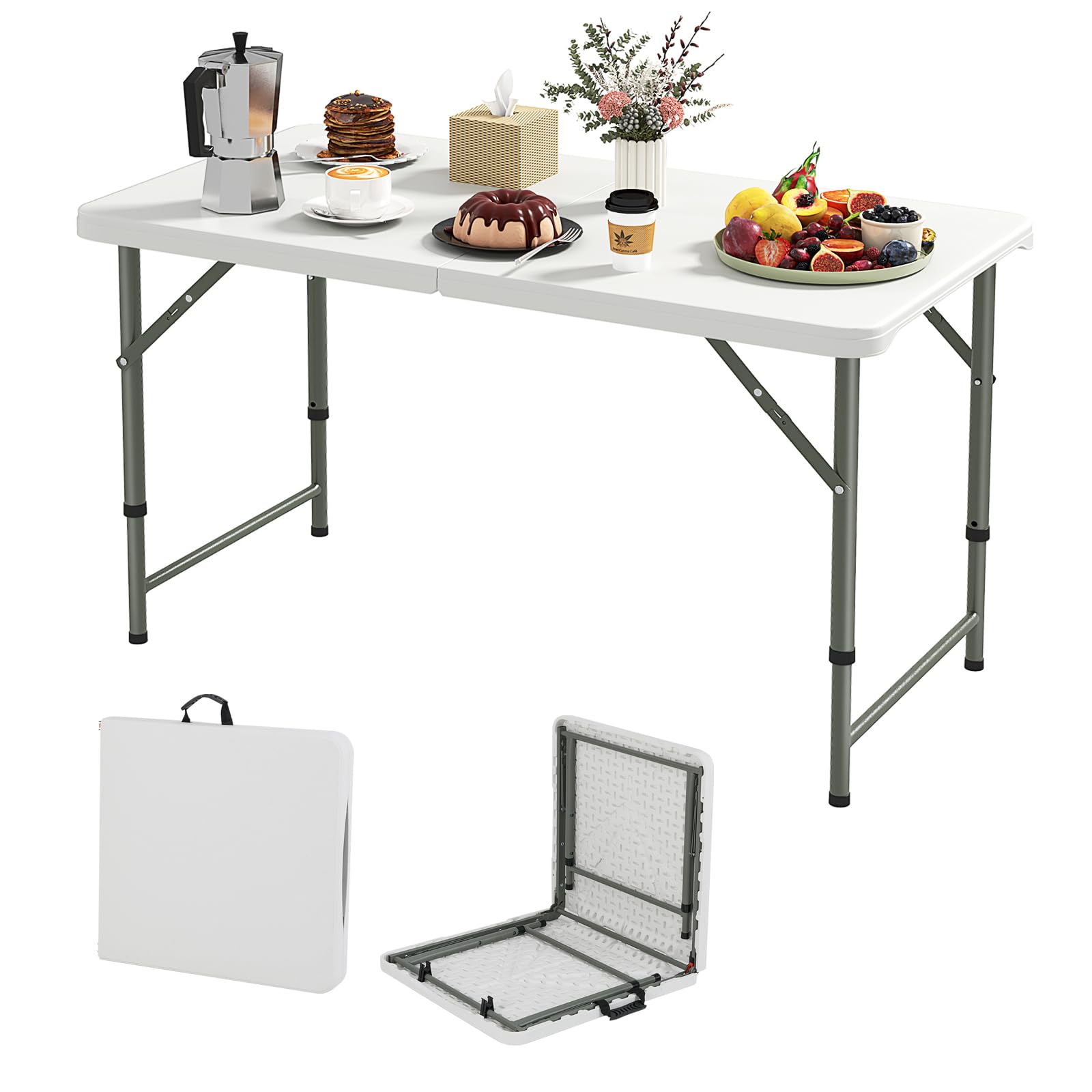 KOMFOTTEU Tavolo Pieghevole Regolabile in Altezza，122 x 61 x 50/62/74 cm | Tavolo da Campeggio, Picnic Richiudibile e Portatile con Maniglia di Trasporto, in HDPE, Telaio in Ferro, Bianco