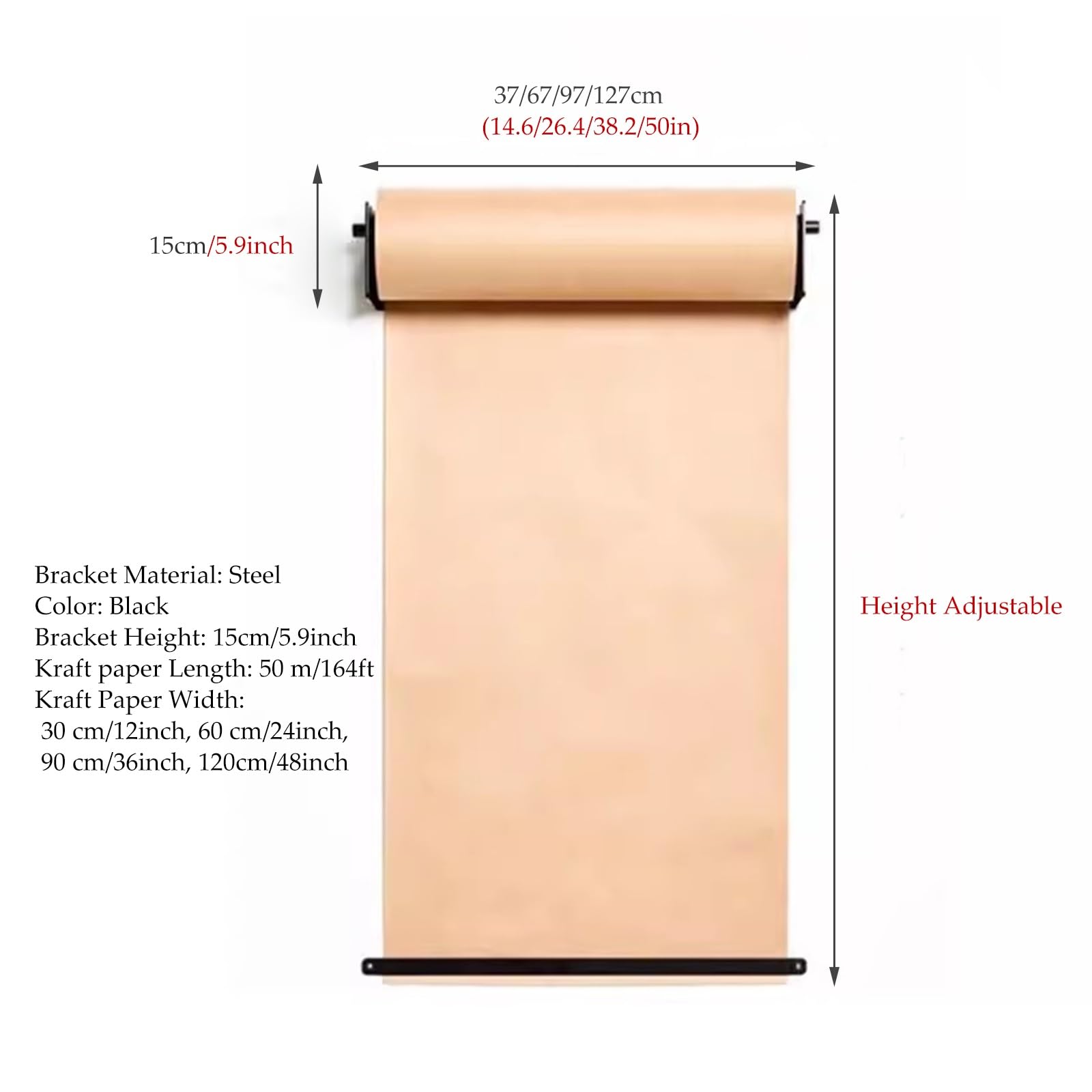 Distributeur De Papier Kraft Robuste (37/67/97/127 Cm) pour Salles De Classe, Rouleau Suspendu avec Coupe-Papier Intégré, Noir, Largeur 67 Cm.