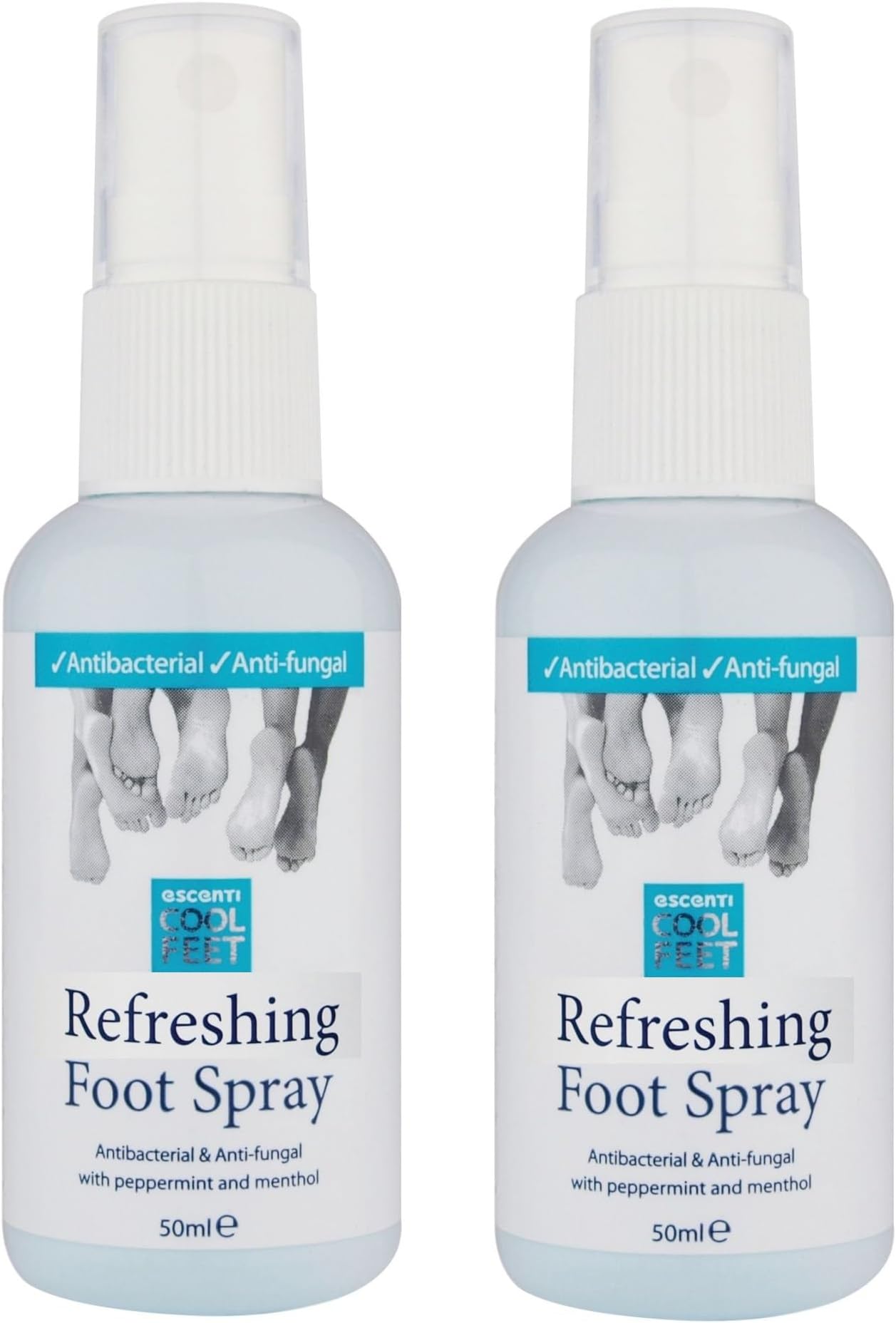 2 x Refreshing Antibacterial Foot Spray Vitamin E Peppermint Menthol Spritz 50ml