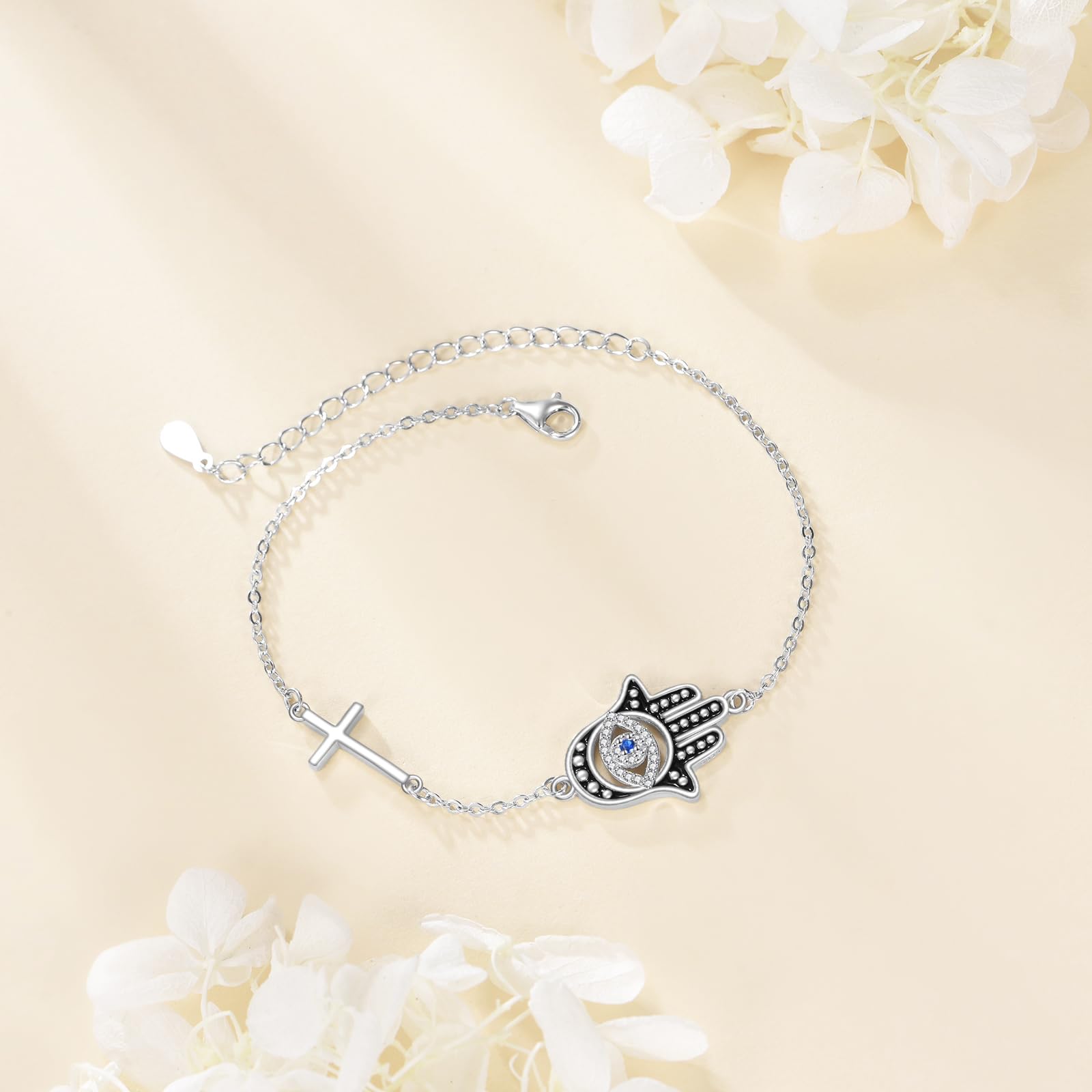 DAYLINLOVE Pulsera de ojo malvado de plata de ley 925 con enlace de hamsa, pulsera azul con ojos malvados, regalo para mujeres, niñas, madres