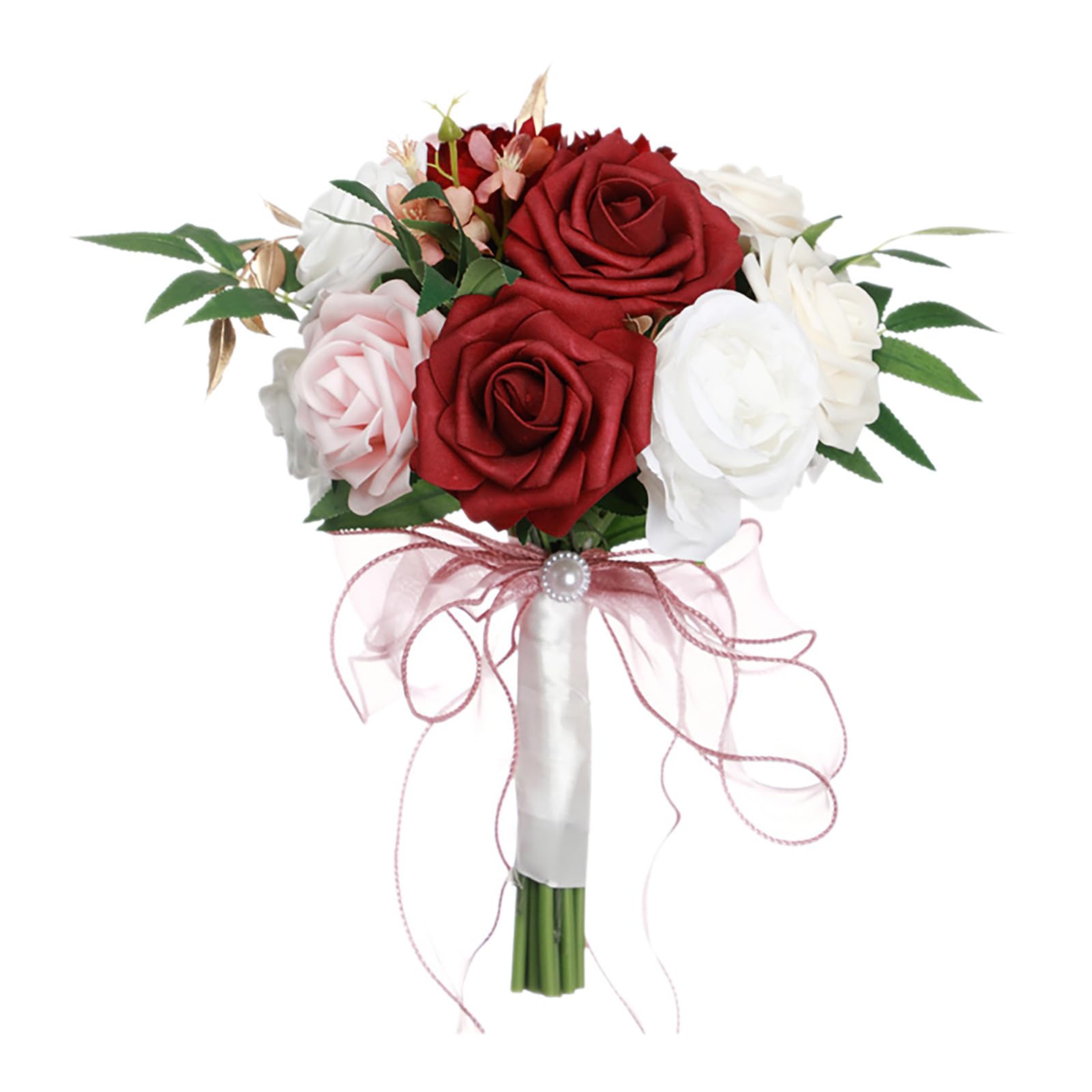 Fake Flower Wedding Bouquets For Bride Bridesmaid Large Big Bridal Bouquet White Champagne Ivory Silk Roses Flowers For Wedding French Vintage Boho Church Decoration Bouquet (Red, 29x22cm)