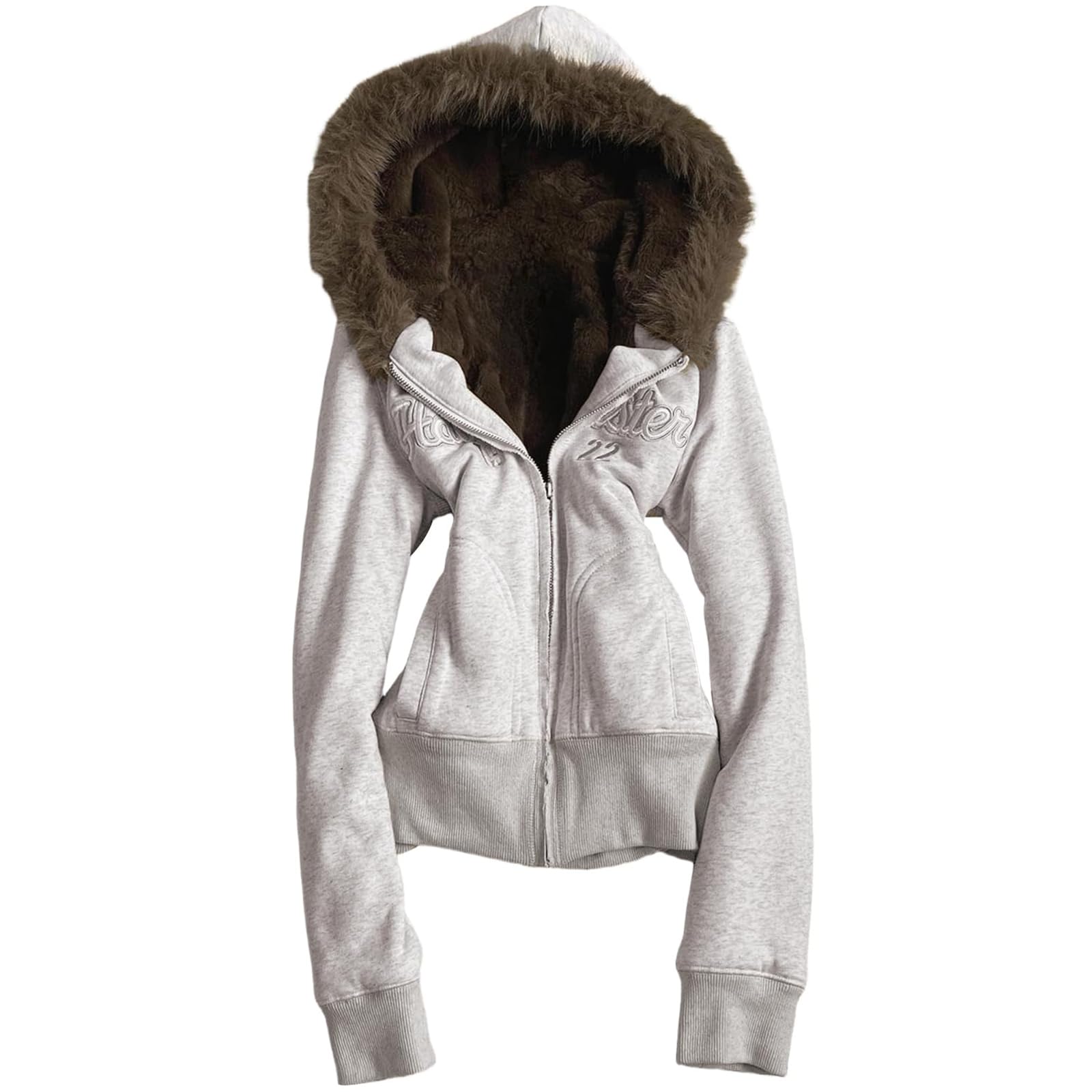 Y2K Hoodie Damen Zip Up Winterjacke mit Fellkapuze Vintage Grunge Winterjacke Streetwear Strickjacken Kapuzenpullover mit Reißverschluss übergangsjacke Fleecejacke Cardigan