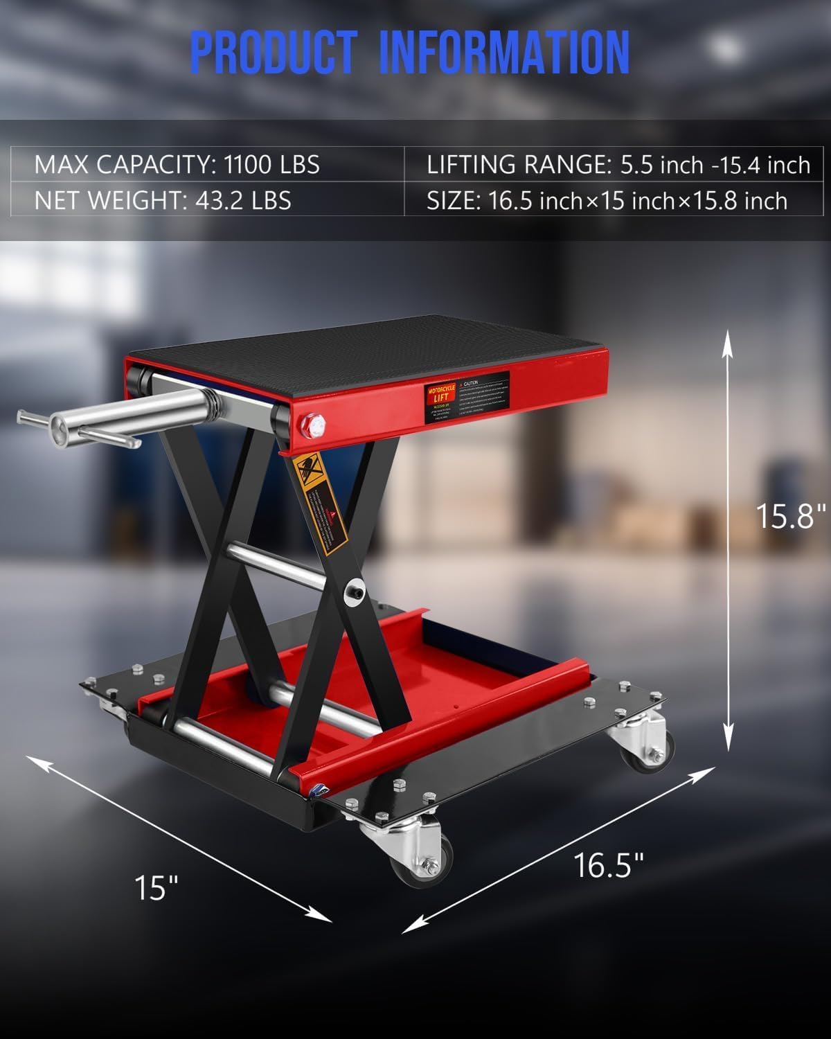 Leve moto de acero, elevación hidráulica, capacidad de 1100 libras, mesa elevadora móvil con ruedas para taller de garaje