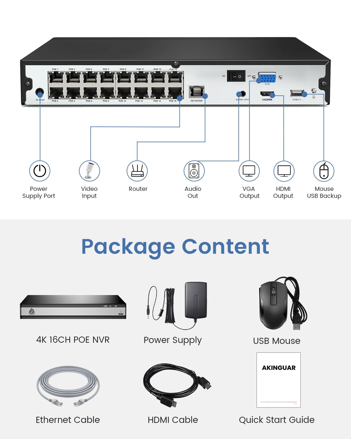 16 Canales 4K PoE NVR, Sistema de Cámara Vigilancia IP con 4TB HDD Hogar Grabador de Video Red Soporte 8MP/5MP /1080P HD Cámara de Seguridad Exterior, Sólo Funciona con Cámaras PoE Akinguar