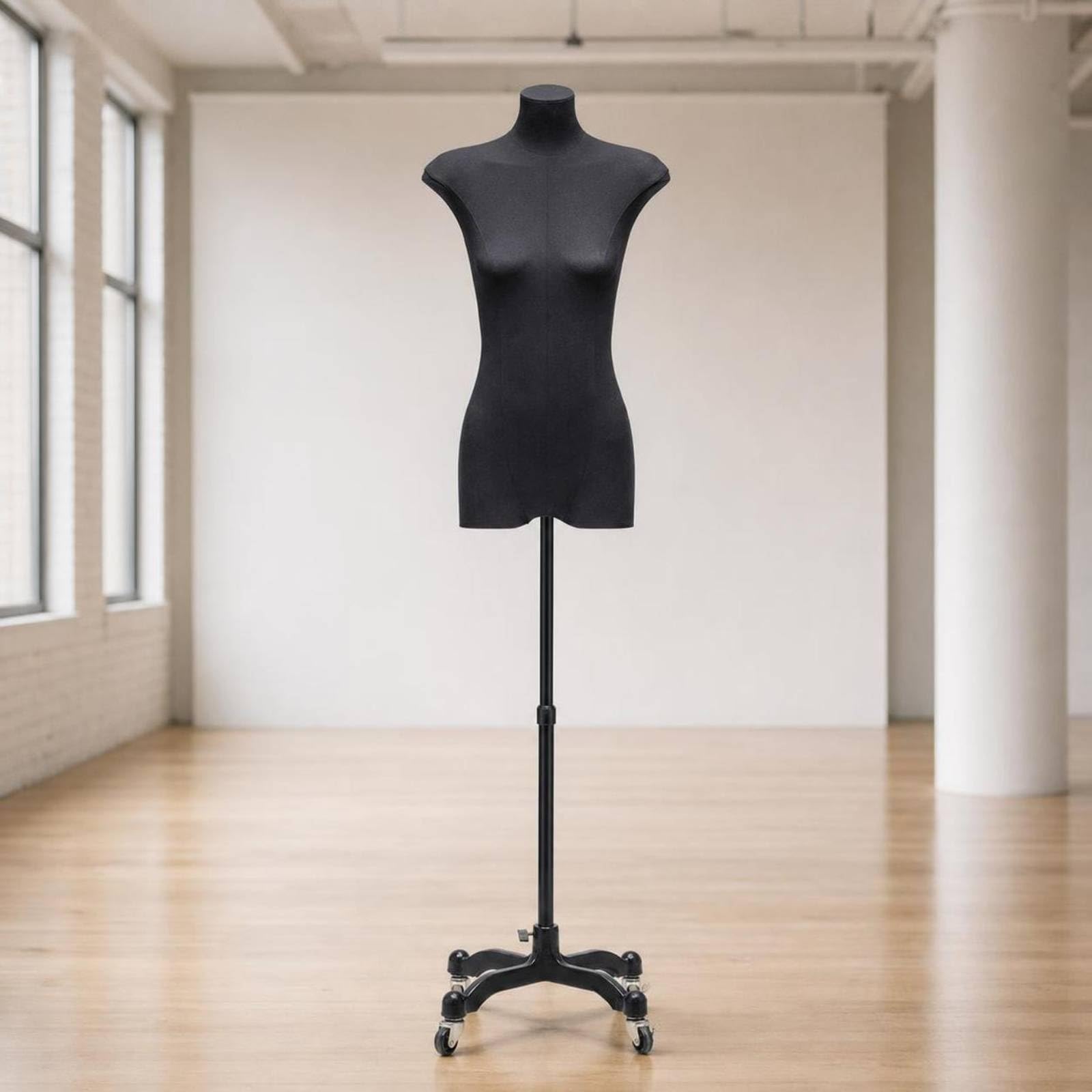 Manichino Donna Torso Espositore , Nero , Base A Triangolo Grande, Asta Telescopica 1,2 Metri, Senza Mani