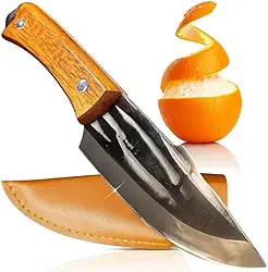 Faca de Corte Profissional Aço Inox Cabo Madeira com Bainha Couro Ideal para Acampamento Cozinha Pesca Churrasco Trilha Sobrevivência Lâmina 10cm