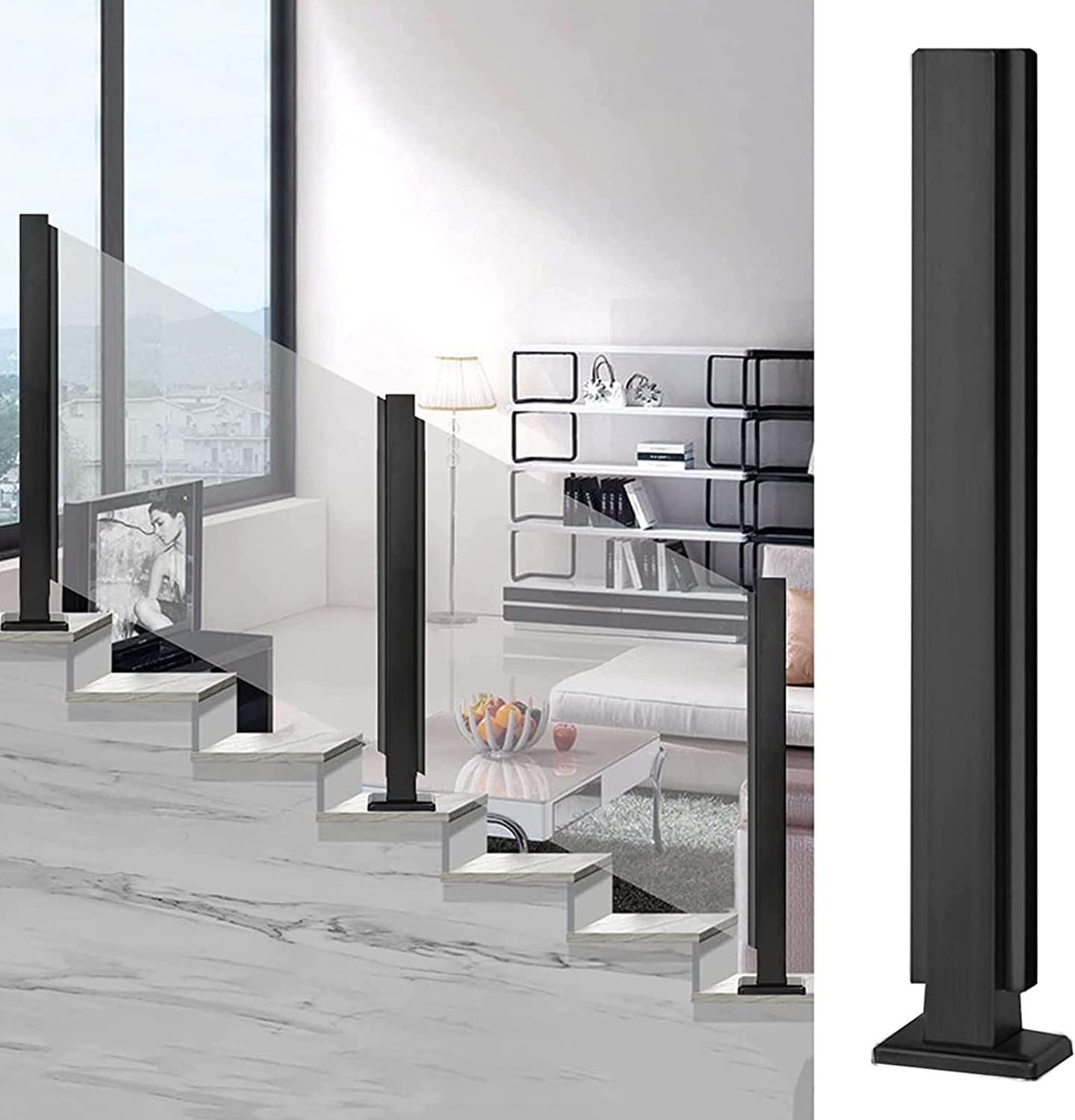 Poteau de rampe d'escalier en verre noir avec pince de serrage intégrée