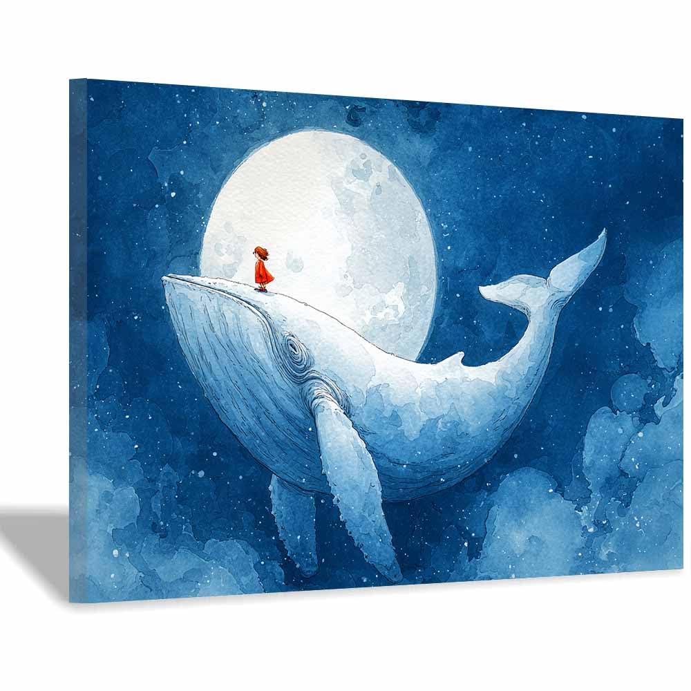 HUYEEI Canvas Wall Art Beachs Child Riding a Whale marine animals Seascape Vintage Artwork for Seaside Livings Room Bedroom Bathroom Decor(blue)-60x80cm Framed