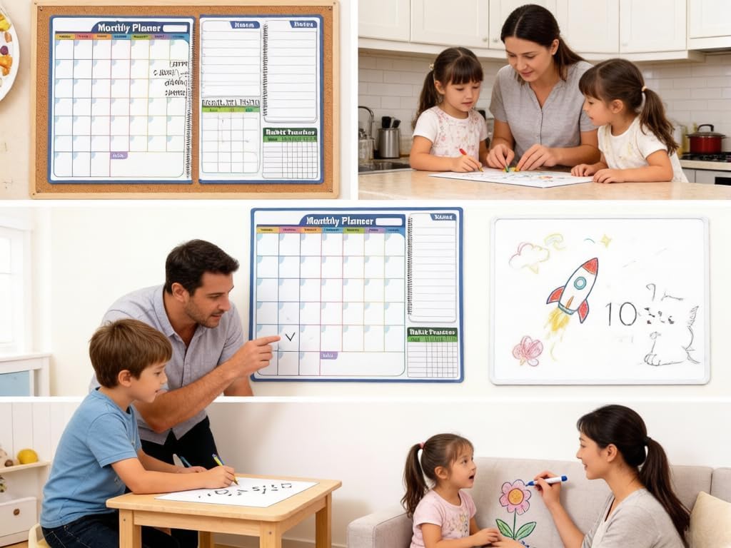 Magnetic Dry Erase Calendar Whiteboard Set – Monthly Weekly Planner, Habit Tracker, Grid & Blank Boards with 7 Markers & Eraser, Fridge Magnet Organizer for Home & Office Gift