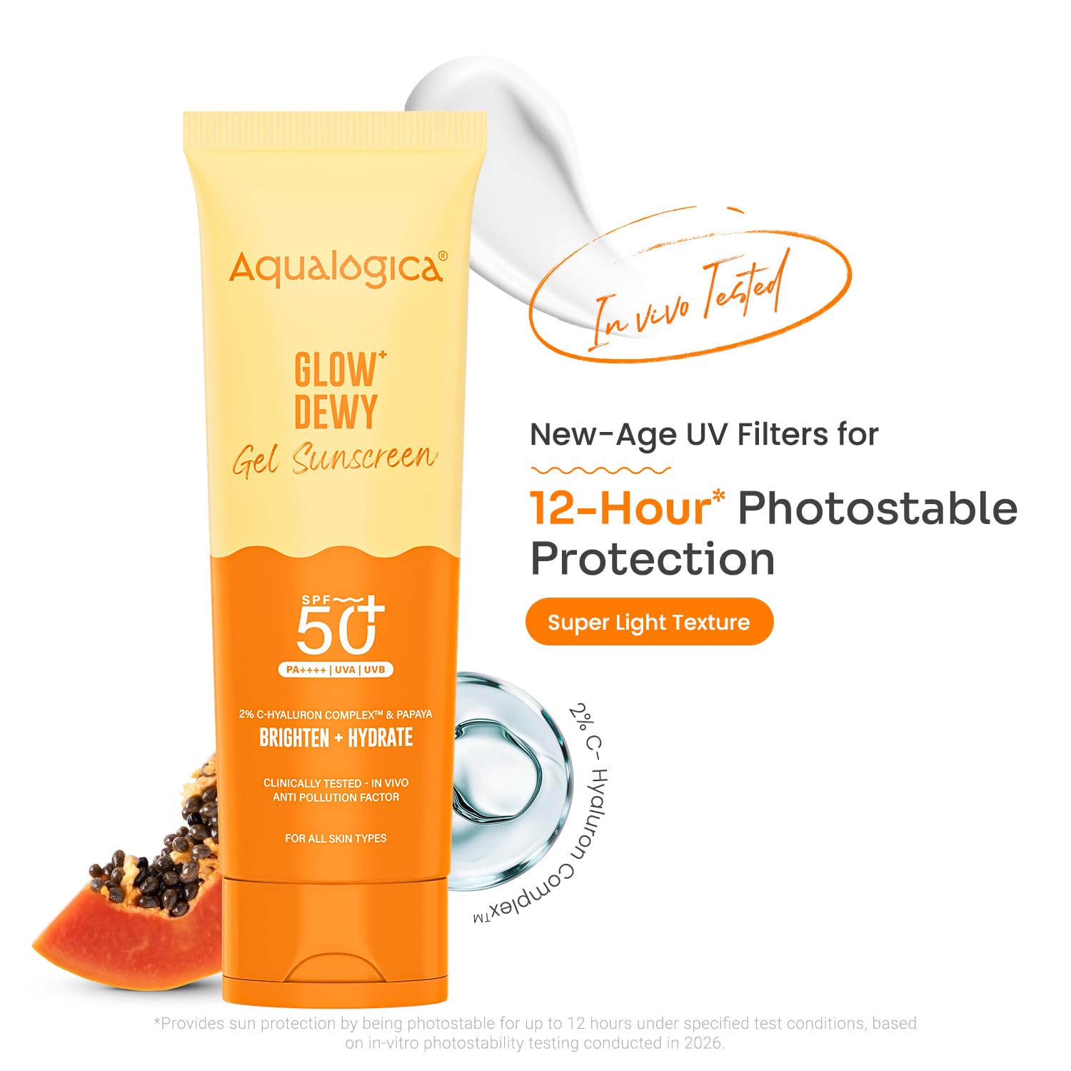 Aqualogica Glow+ Dewy Sunscreen Gel SPF 50+ PA++++ with Papaya & Vitamin C - 125 g | Broad Spectrum SPF 50+ PA++++ | UVA/B & Blue Light Protection | Anti-Pollution Factor (APF) Technology | In-Vivo Tested | Brightens Skin I Fragrance-Free & No White Cast | For Glowing & Sun Protected Skin