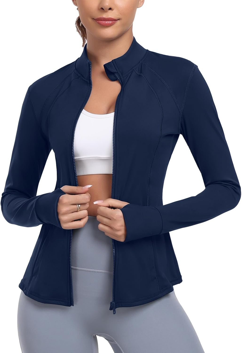 Women's Athletic Full Zip Lightweight Workout Jacket With Pockets Running Yoga Sportwear With Thumb Holes - Image 2