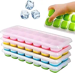 Kit 4 Unidades Forma de Gelo Silicone com Tampa 14 Cubos Livre de BPA Fundo Flexível Empilhável Desenforma Fácil Forminha Ideal para Gelo Papinhas Frutas