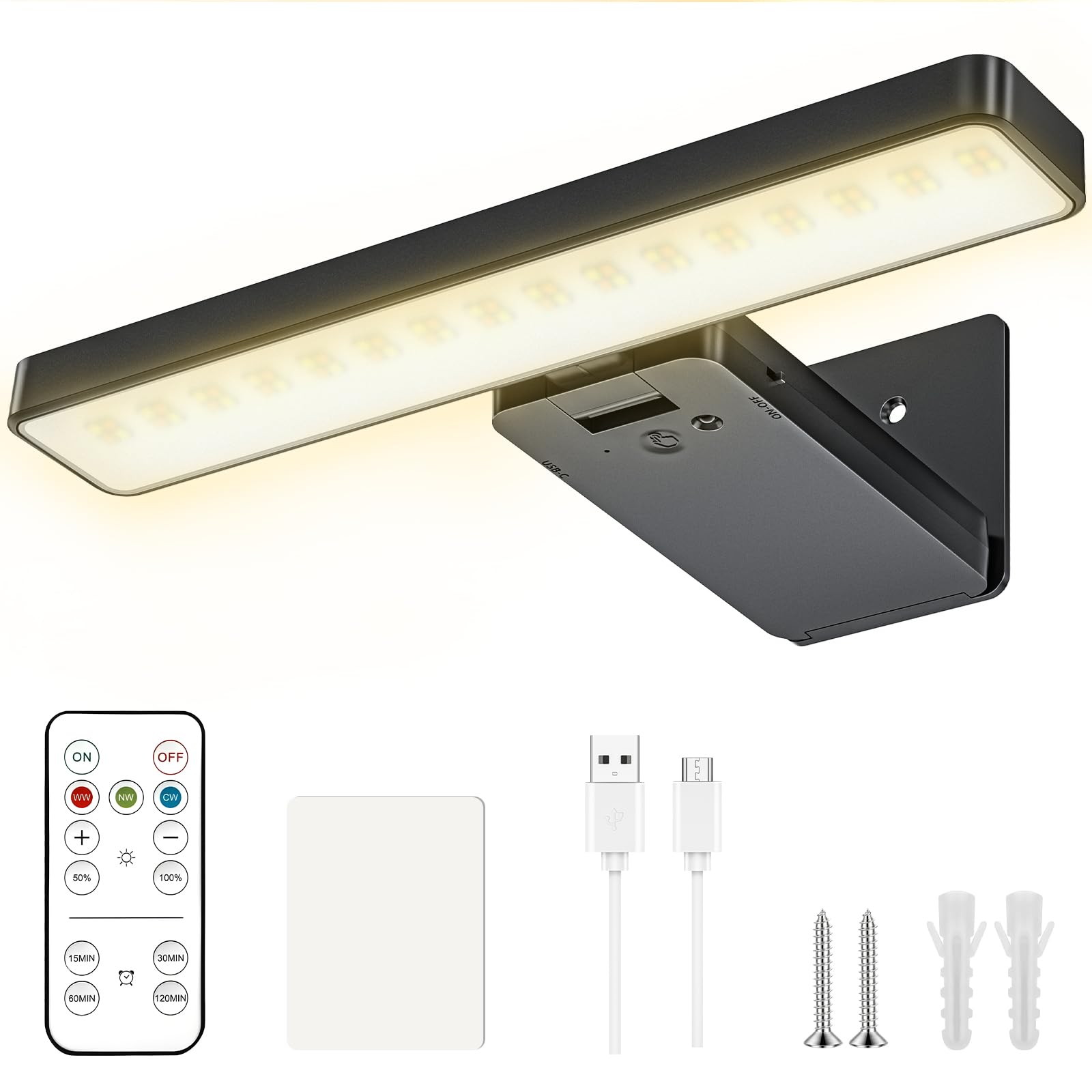 Starvortex Rechargeable Picture Light for Wall, Black Battery Powered Wall Lights for Painting Poster Dartboard, 3000mAh Wireless Wall Lights Indoor with Remote & Charging Cable for Bedroom Hallways