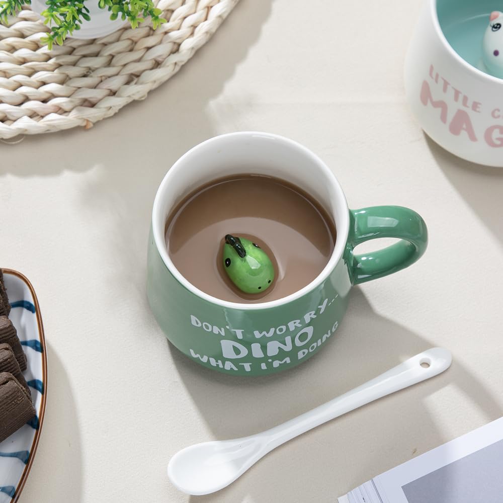 Lustige 3D Dino-Kaffeetasse Mit Deckel & Löffel – 380 Ml, Spülmaschinenfest – Süßes Geschenk Für Kids & Erwachsene
