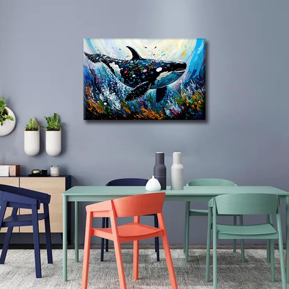 Orca Fish Canvas Wall Art Animal with Color Splash Oil Painting Style Poster Prints for Living Room Bedroom Home Wall Decoration Stretched Ready to Hang 24 x16Inch - Image 2