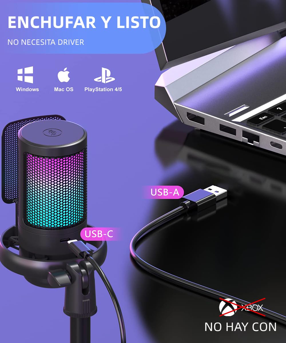 Microfono da gioco TAIMEI, microfono RGB per PC con cancellazione del rumore e silenzio, per streaming, giochi, podcast, YouTube, TikTok, computer, cellulare
