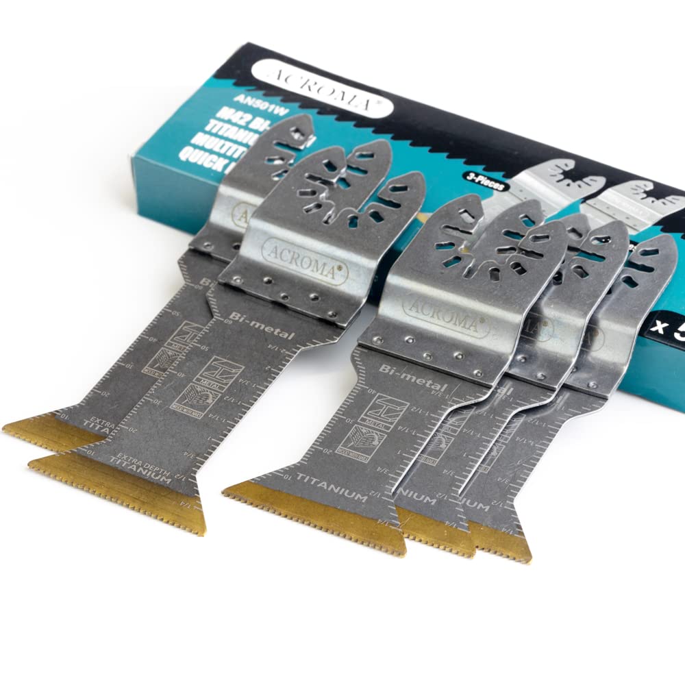 ACROMA5-Piece Titanium Enhanced M42 HSS Bi-Metal Universal Oscillating Multitool Blade, 2” and 2-2/3” Extra Long Blade, Ideal for Plunge/Flush Cut to Multi-Material BM50005
