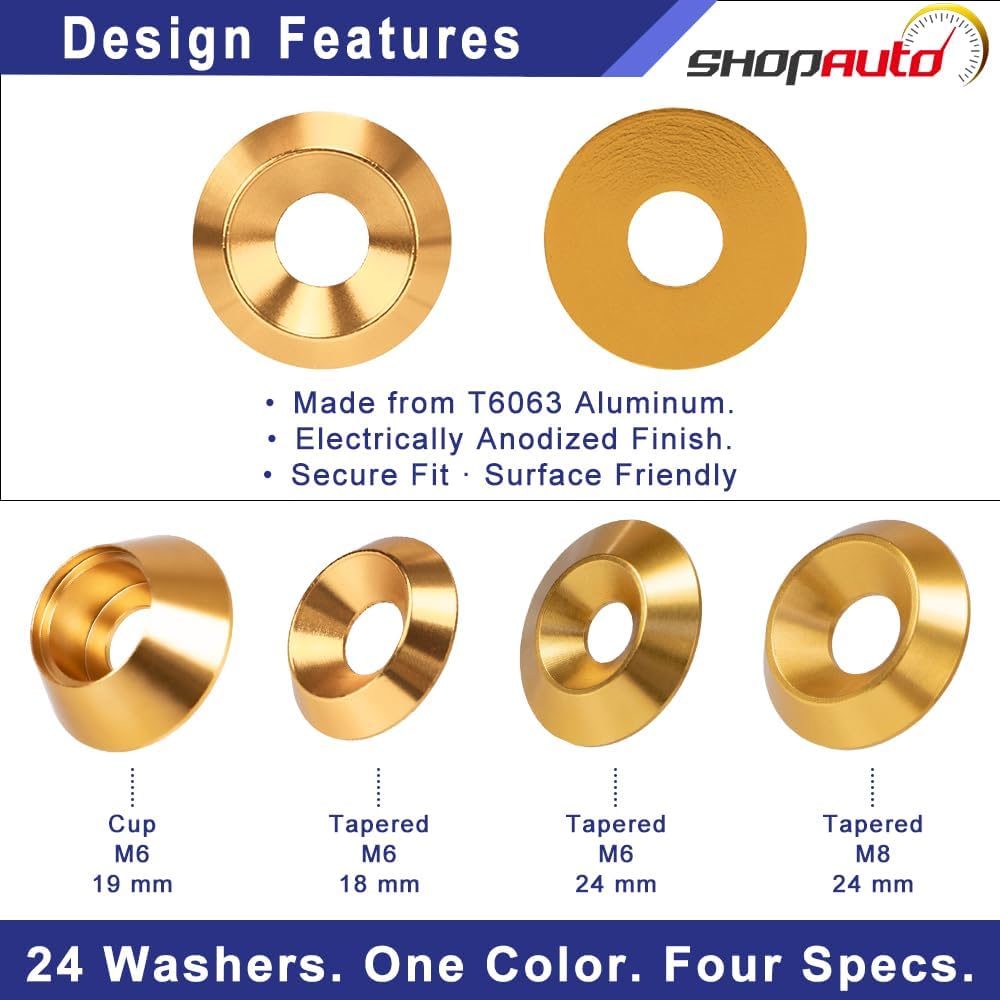Anodized Aluminum Washer Kit 24-Set Hardware Kit– 4 Washer Specs M6 & M8 Tapered & Cup in 18/19/24mm OD for Cars, Pickups, Trucks, ATV/UTV Application (Gold)