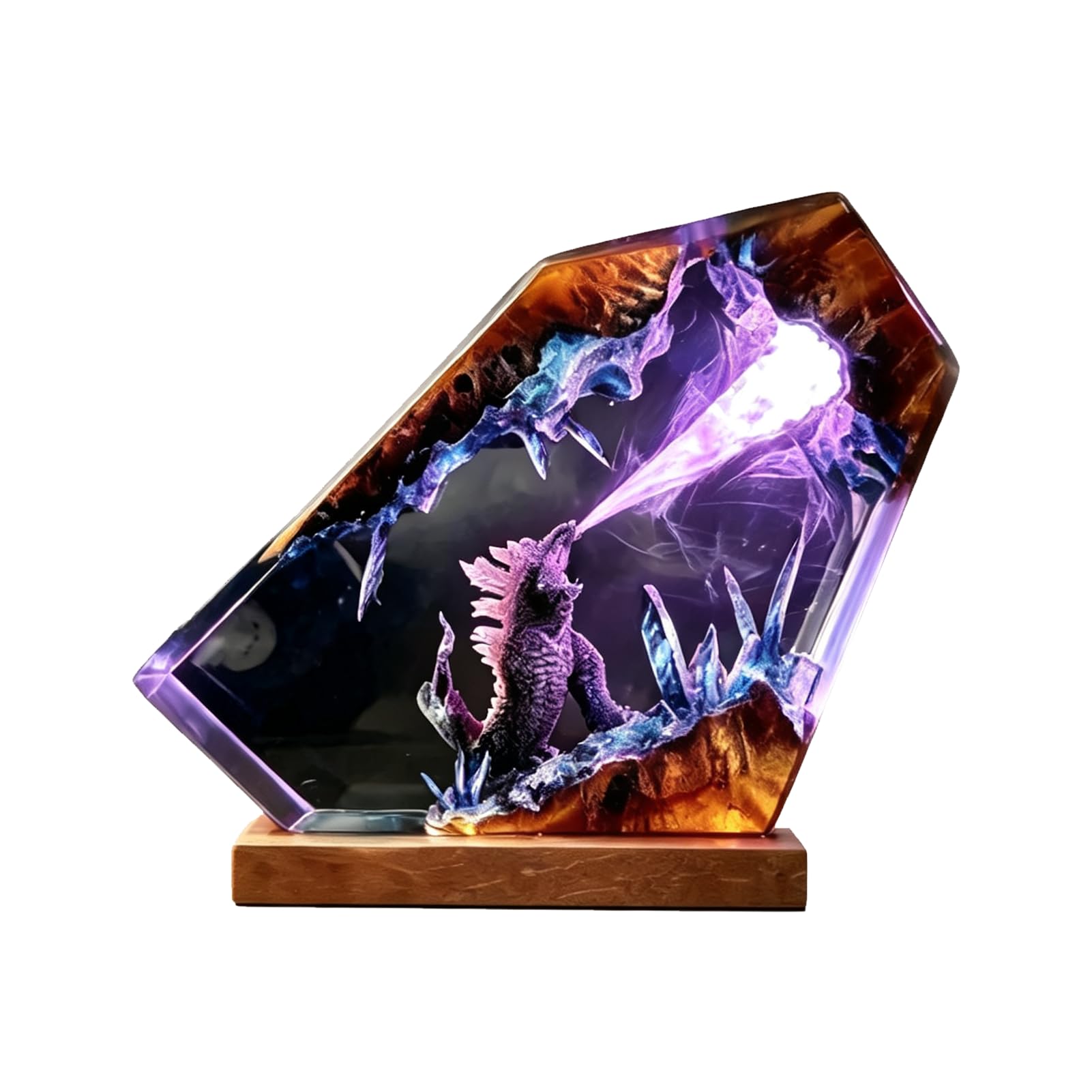 Fhlprte Epoxy Resin Godzilla Night Light, Resin Ocean Animal Figures Night Light Ornaments, Godzilla Cube Decoration, with Wooden Base, USB Cable, Marine Statue Decoration, for Living Room, Bedroom
