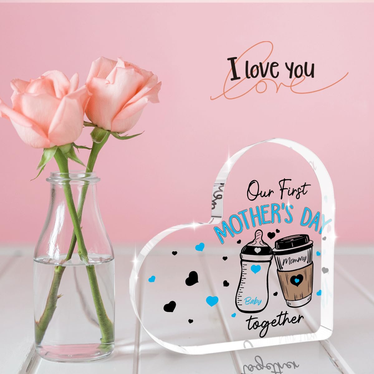 Prezenty na Dzień Matki dla mamy od córki syna 'I Love You' Thank You Mom prezenty urodzinowe biuro dekoracja biurka do domu serce akrylowy znak prezent świąteczny