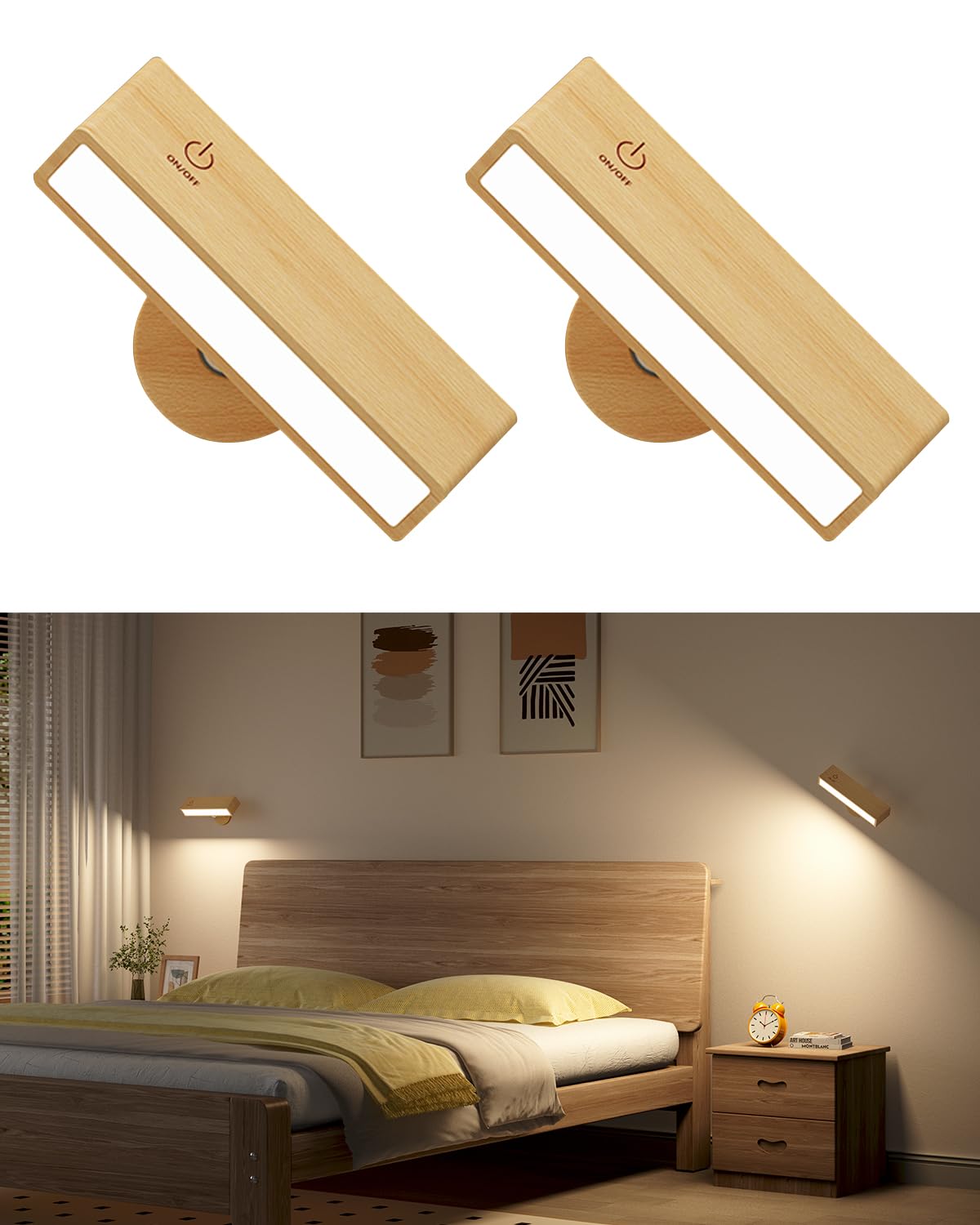 DetarZinLED Lámpara de Pared con Batería de Carga USB, Lampara Mesita Noche Recargable, Apliques de Interior Adhesivos para Dormitorio sin cable (Madera de haya, 2 Pcs)