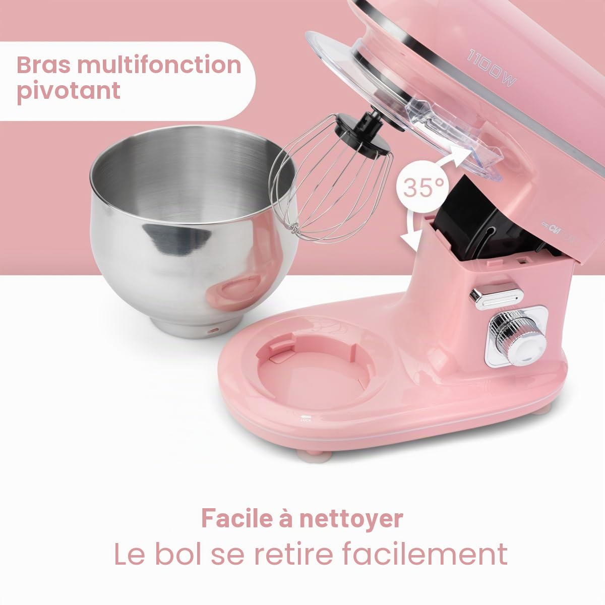 Clatronic 263875 Rose a Pain petrin Professionnel Multifonction-Robot pâtissier/Pétrisseuse KM 3711 Rock'n'Retro, Aluminium, 5 liters