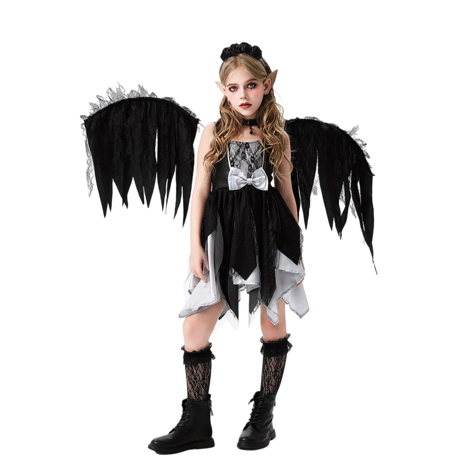 Generisch Vestito di Halloween da ragazza, con angelo nero, per feste, a tema animale, per bambini, per feste di carnevale, adatto per bambini dai 3 ai 12 anni