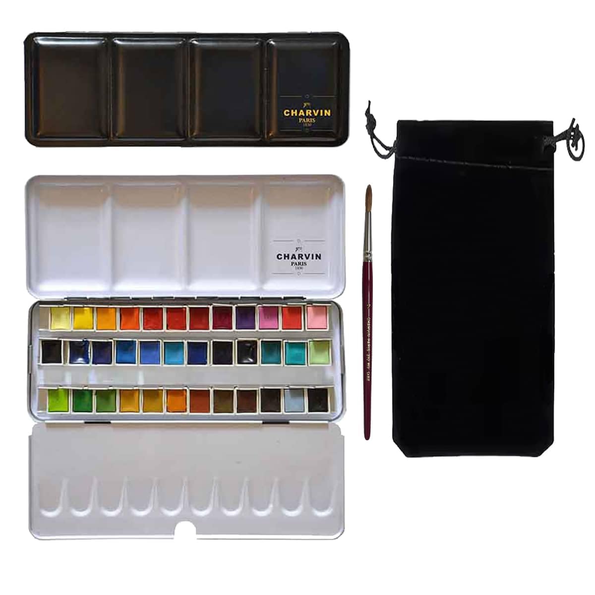 Caja Aquarelle Charvin de 36 semigodets artesanal con paleta metálica de alta calidad