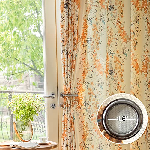 Suouo Chenille Light Filtering Floral Curtains For Living Room Bedroom Window Drapes Set Grommet Top 2 Panels 96 Inch Length Print Grey Botanical Leaf Orange #TOP6