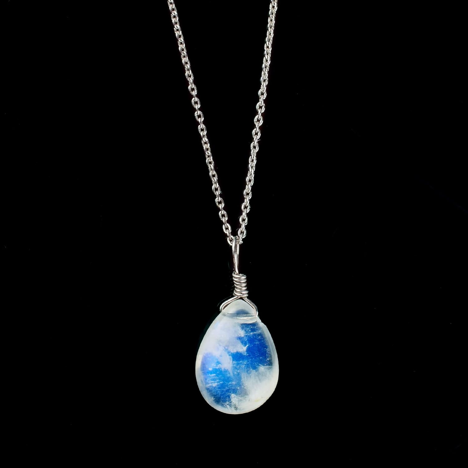 Natural Rainbow Moonstone Pear Pendant Necklace Rhodium Plated 925 Sterling Silver, Gemstone Necklace, Artisan Pendant, Silver Jewelry, Silver Wire, Dainty Pendant, Gift Her - Image 4