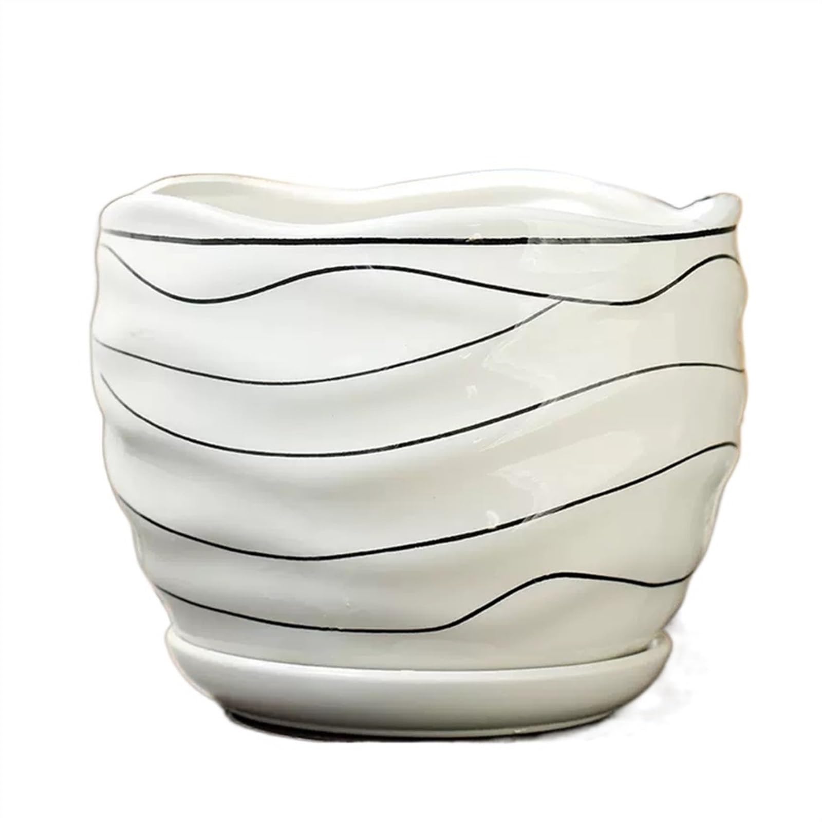 XPSHP25112 indoor plant pot Plant Pots Ceramic Pure White with Lines Pattern Planters Medium Flower with Tray Home Succulent Plants Green Cultivation For balcony decoration(Small)