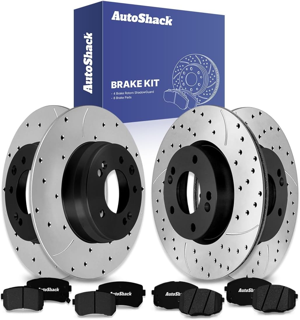 AutoShack Front Vented & Rear Solid Drilled & Slotted E-Coated Brake Rotors + Ceramic Pads 12-PC Brake Kit Replacement for 2009-2012 Hyundai Elantra ShadowGuard