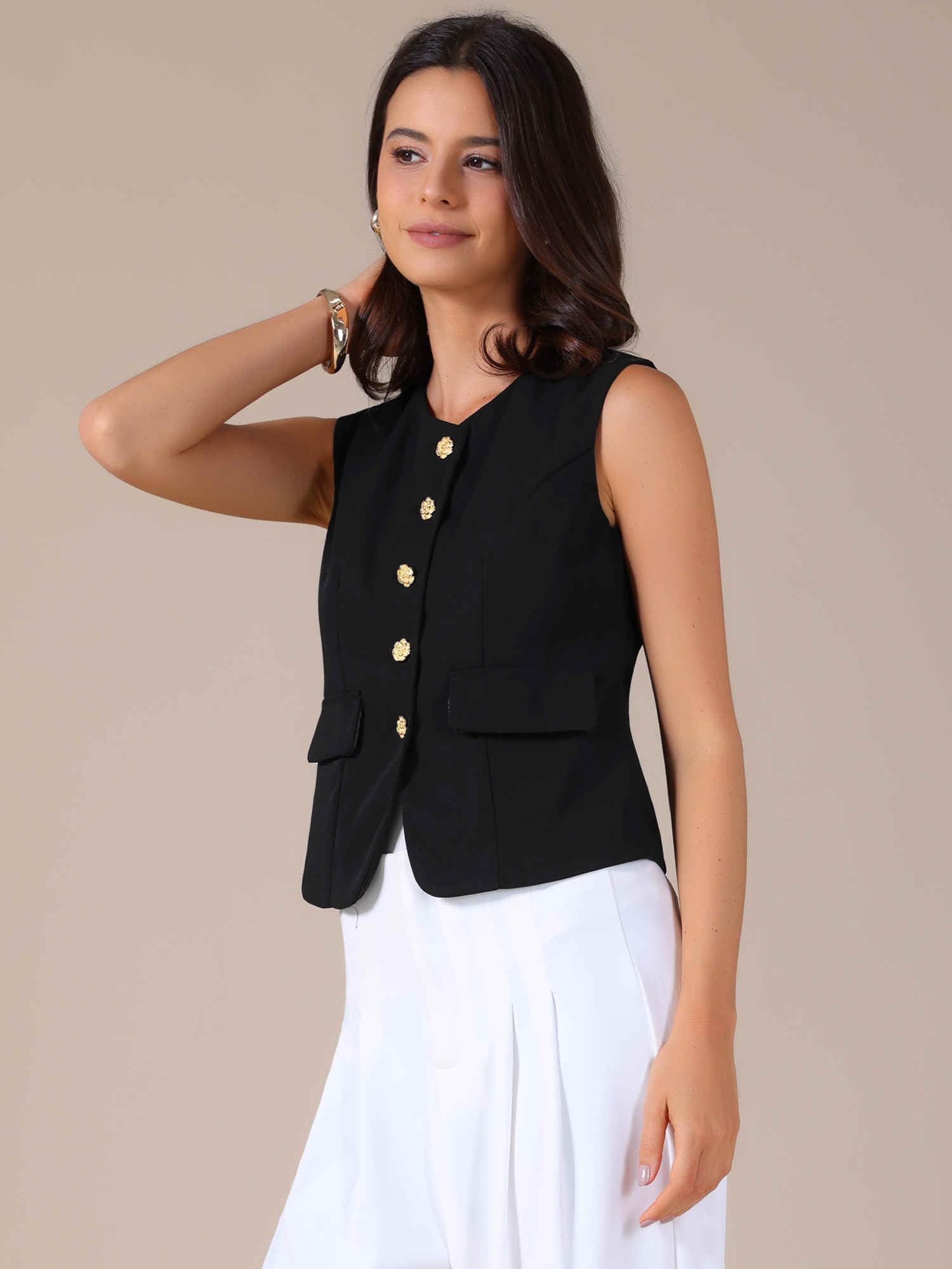 Allegra K Gilet de Costume Femme à Col Rond Femme Blazer sans Manches avec Boutons Veste Décontractée d'affaires