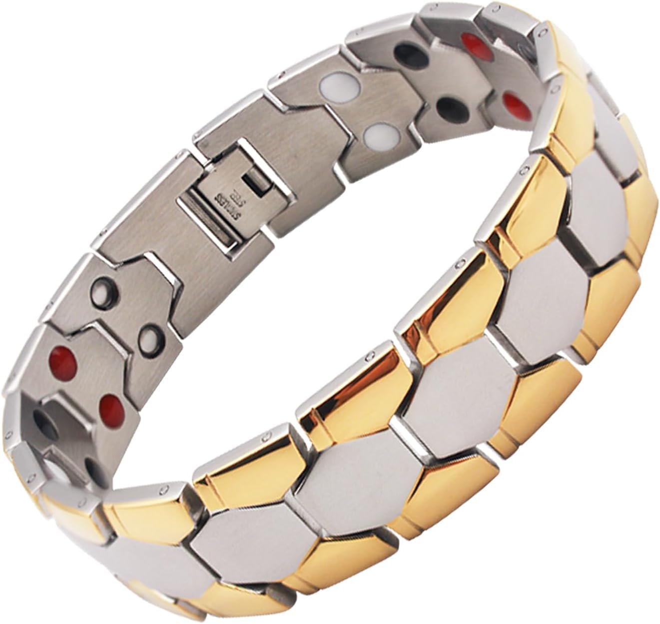 Classic Magnetic Bracelet for Men 316L pure Stainless Steel Double Row 4 Elements Magnet Energy Bracelets, Ultra Strength 3500 Gauss Magnets Jewellery Gifts (Silver & Gold)-image-23