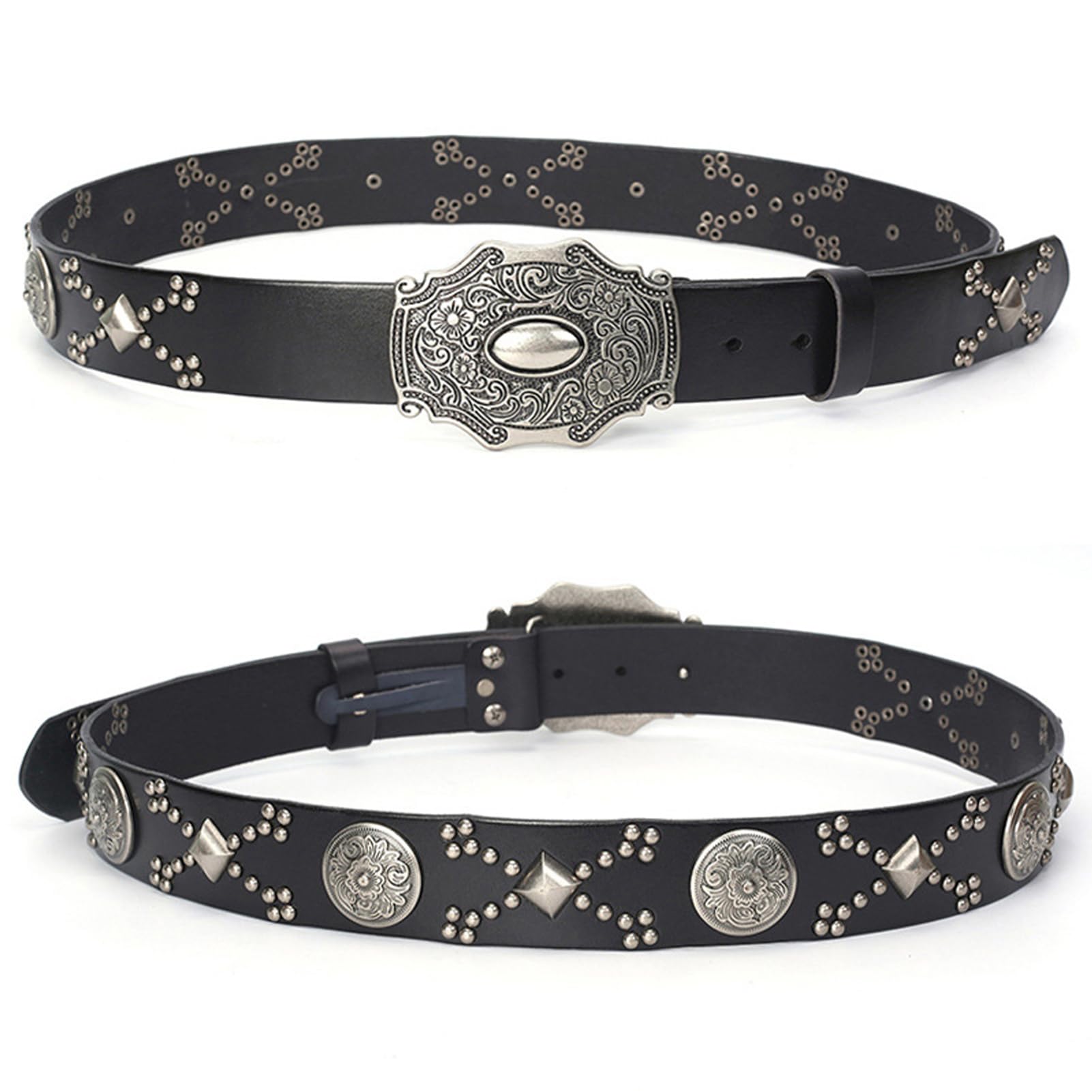 Ceinture en Cuir à Rivets Neutres Style Tendance Clouté Boucle à Griffes Réglable Style Punk Rock(115cm/waist:39", A)