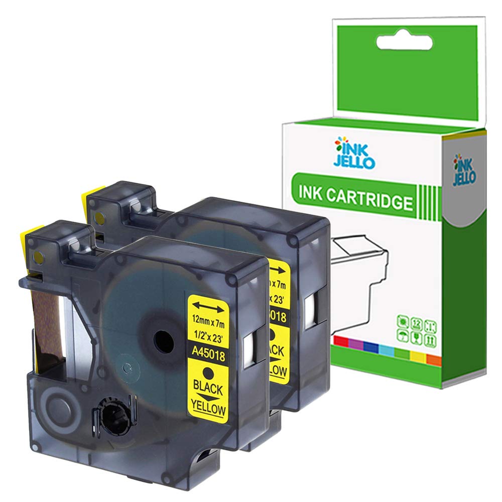 InkJello Compatible Label Tape Replacement For Dymo LabelManager 100 120P 150 160 200 210D 220P 260P 280 300 350 350D 360D 400 420P 450 45018 1/2" (12mm) (Black on Yellow 2-Pack)