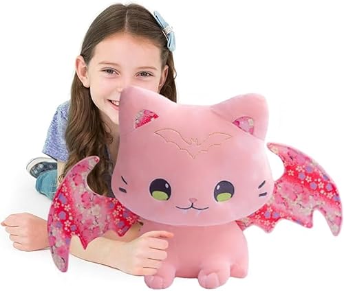 ELAINREN Almohada de peluche ultrasuave de gato rosa con alas de murciélago, regalo de muñeca de murciélago Kawaii, 11.8 pulgadas