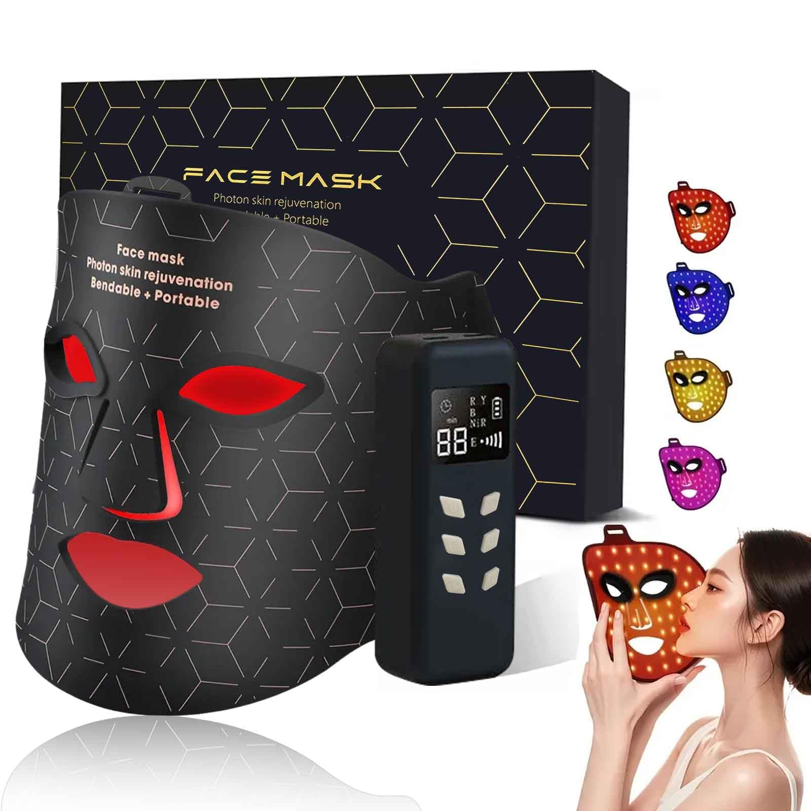 Red Light Therapy Mask for Face 4 Modes Portable Led Face Mask Light Therapy 3000mAh Rechargeable Remote Infrared
