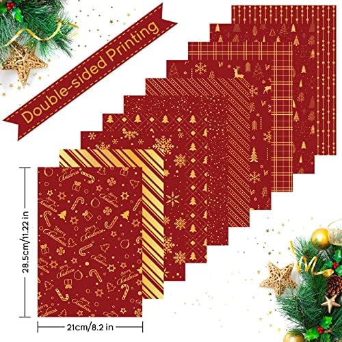 MIAHART 30 Sheets Christmas Pattern Paper Set A4 Size Red and Gold Festival Decorative Craft Paper Double-Sided for Card Making Scrapbook, 10 Designs