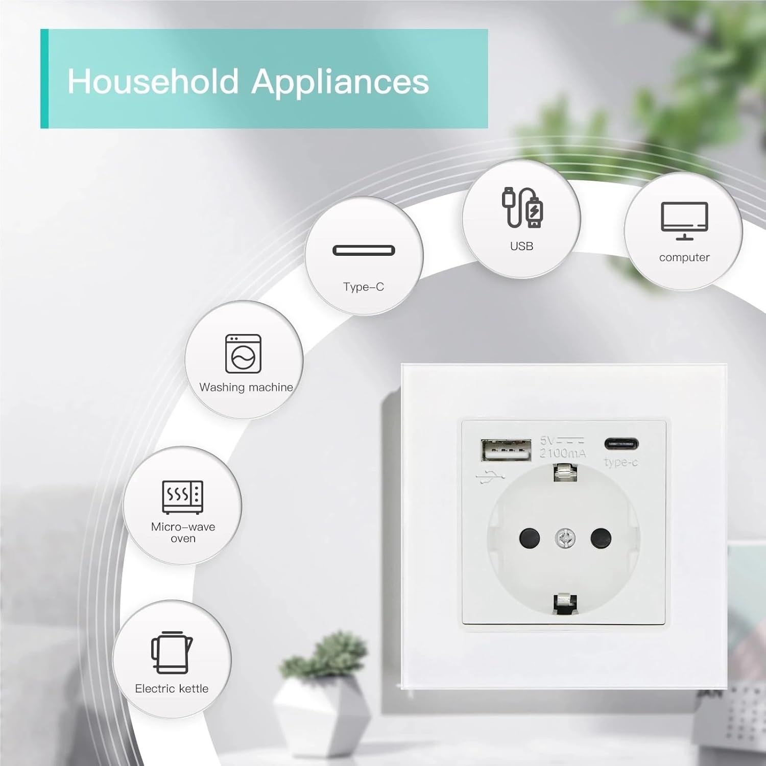 EU Power Socket Electrical Outlets with USB Type-C Phone Charger Port 2.1A USB Wall Socket 16A Crystal Glass Panel(Golden)